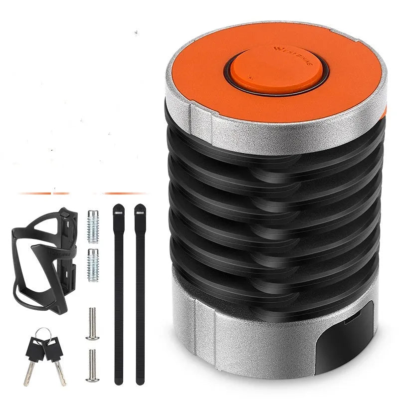 Portable bicycle folding lock shown in folded and extended positions with zinc alloy construction
