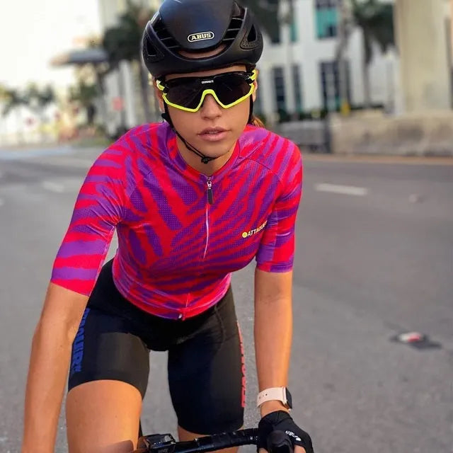 Attaquer women's All Day Kaleidoscope cycling jersey and shorts set in TEAM design