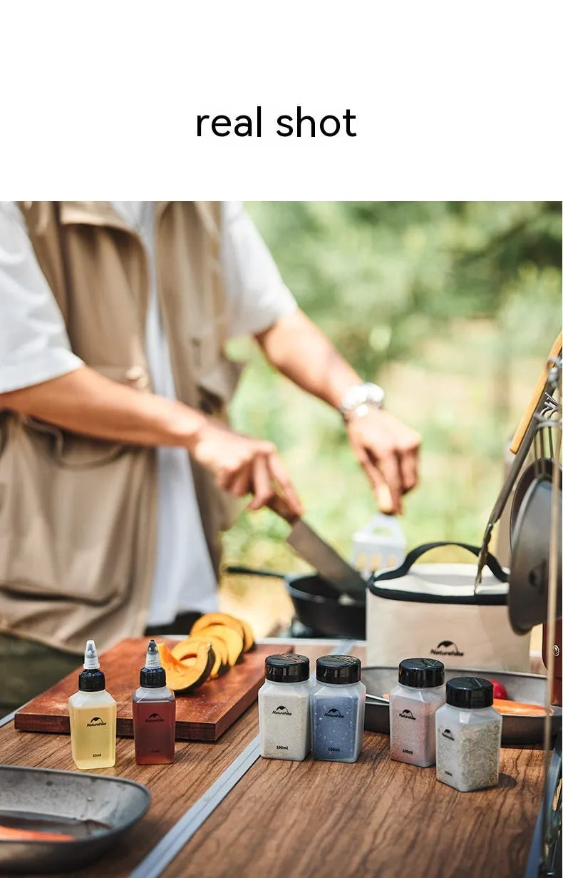 Naturehike outdoor seasoning bottle set showing six white PP containers with modern simple design