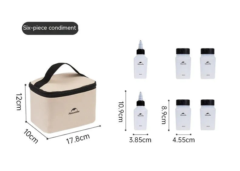 Naturehike outdoor seasoning bottle set showing six white PP containers with modern simple design