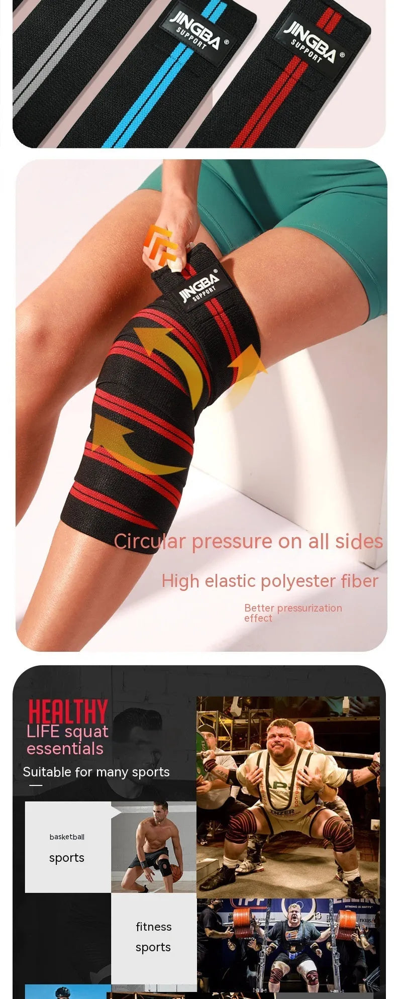 Adult adjustable sports knee pads in blue, grey, red or yellow for weightlifting and fitness