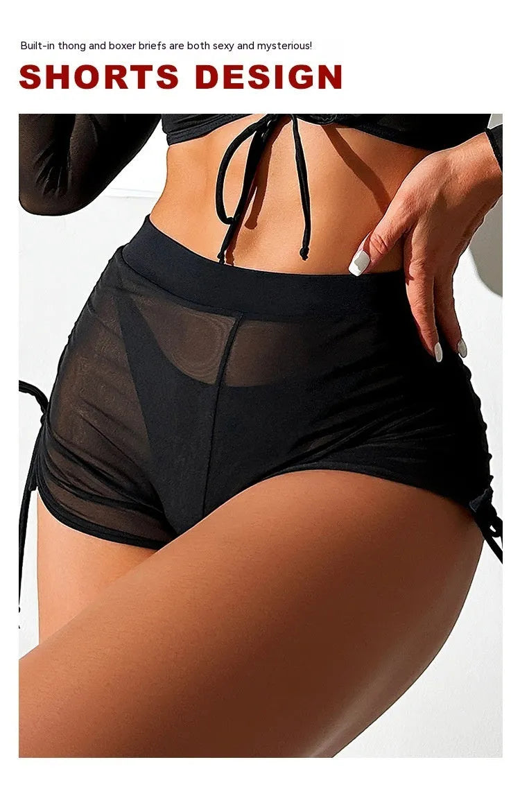 Black mesh bikini four-piece suit with long sleeves and briefs for women's swimming