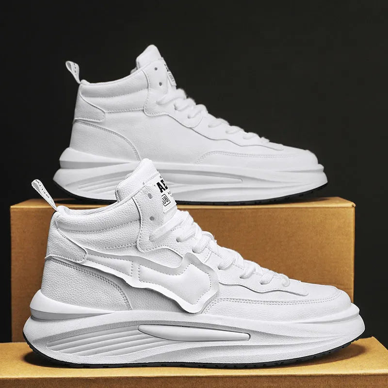 Men's black and white high-top platform board shoes made of artificial PU leather