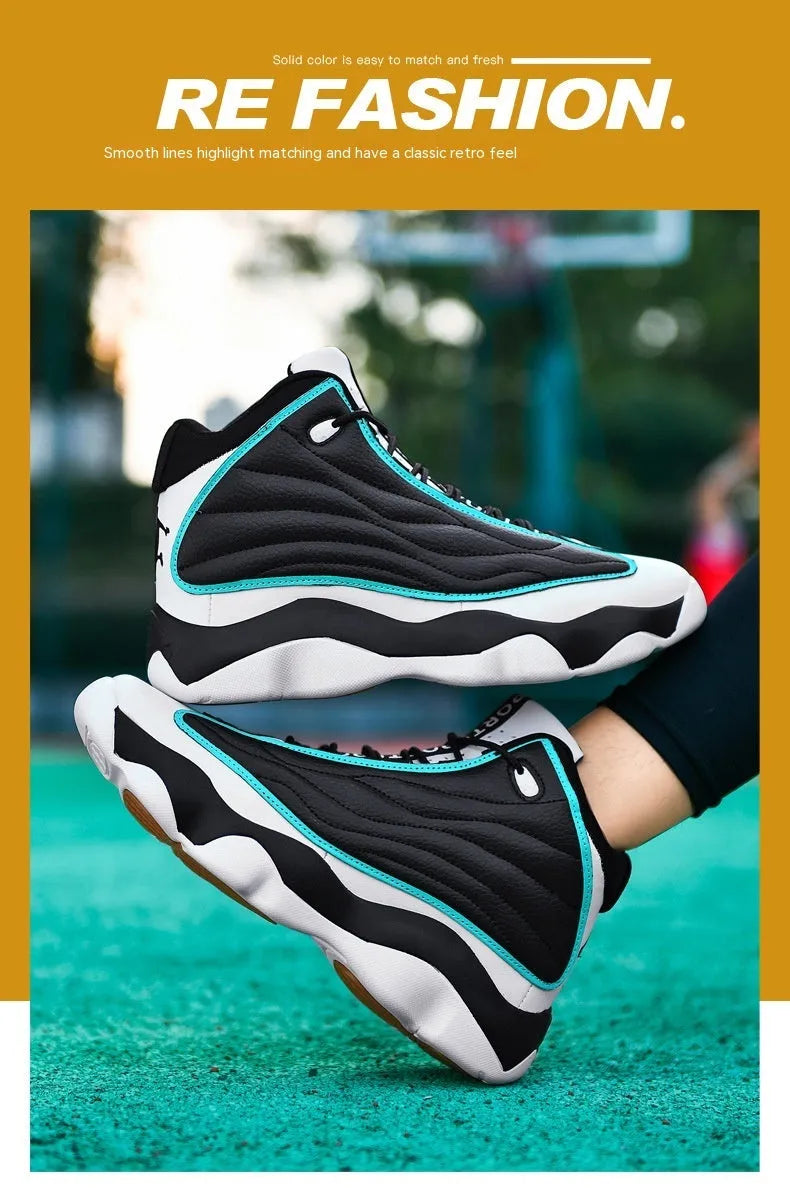 Men's high-top basketball sneakers in AJ13 colour options with mesh upper and rubber sole.