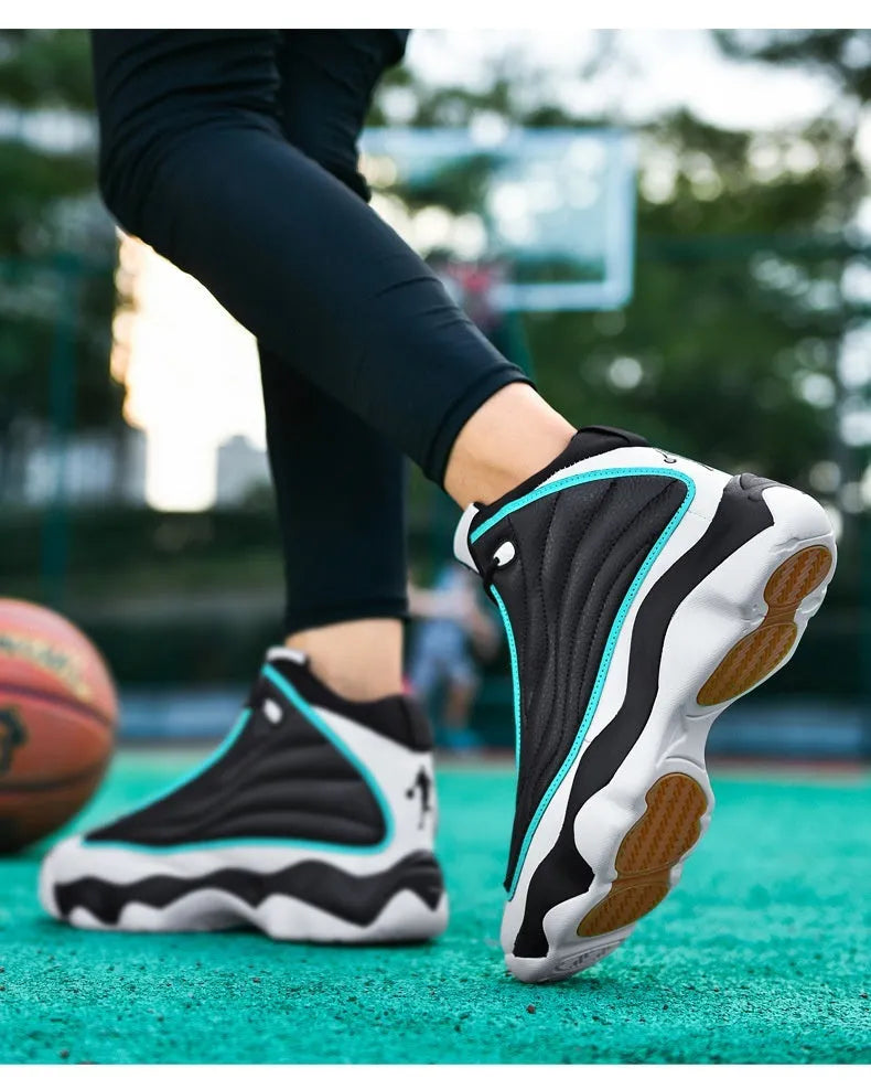 Men's high-top basketball sneakers in AJ13 colour options with mesh upper and rubber sole.