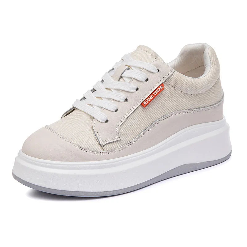 Women's beige thick-soled leather board shoe with a cowhide upper.