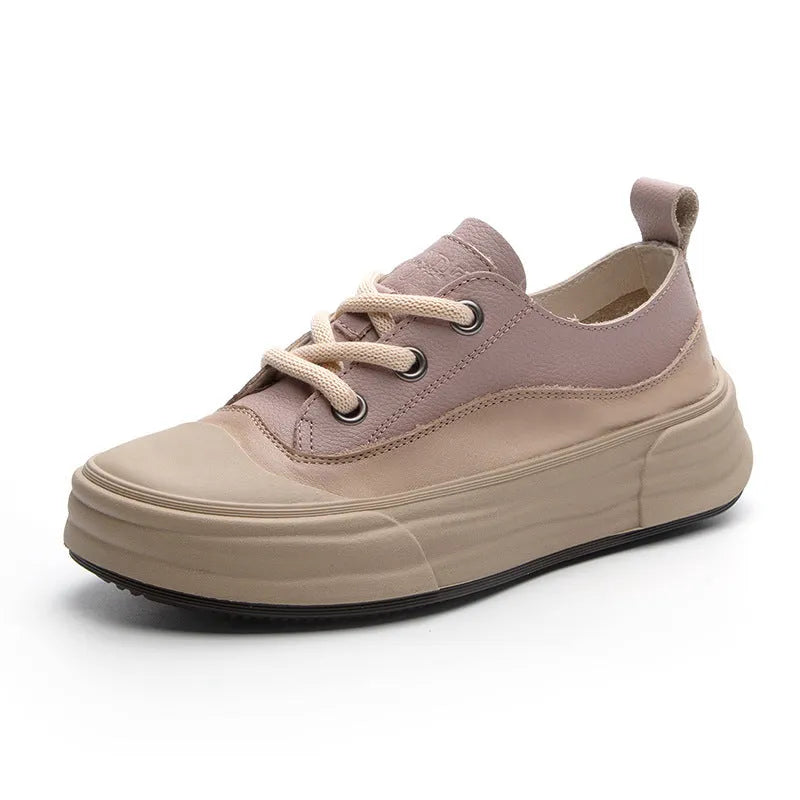 Women's leather platform sneakers in matcha green, purple, or orange with round toe and lace-up front.
