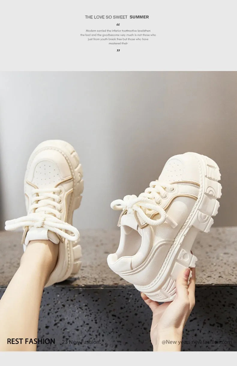 Women's spring muffin bottom casual leather shoes in beige and pink with height increasing design