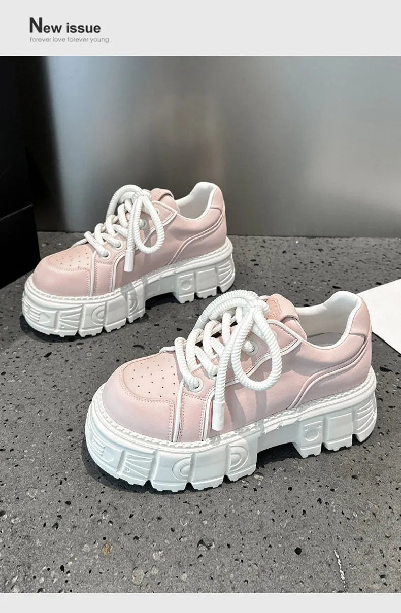Women's spring muffin bottom casual leather shoes in beige and pink with height increasing design
