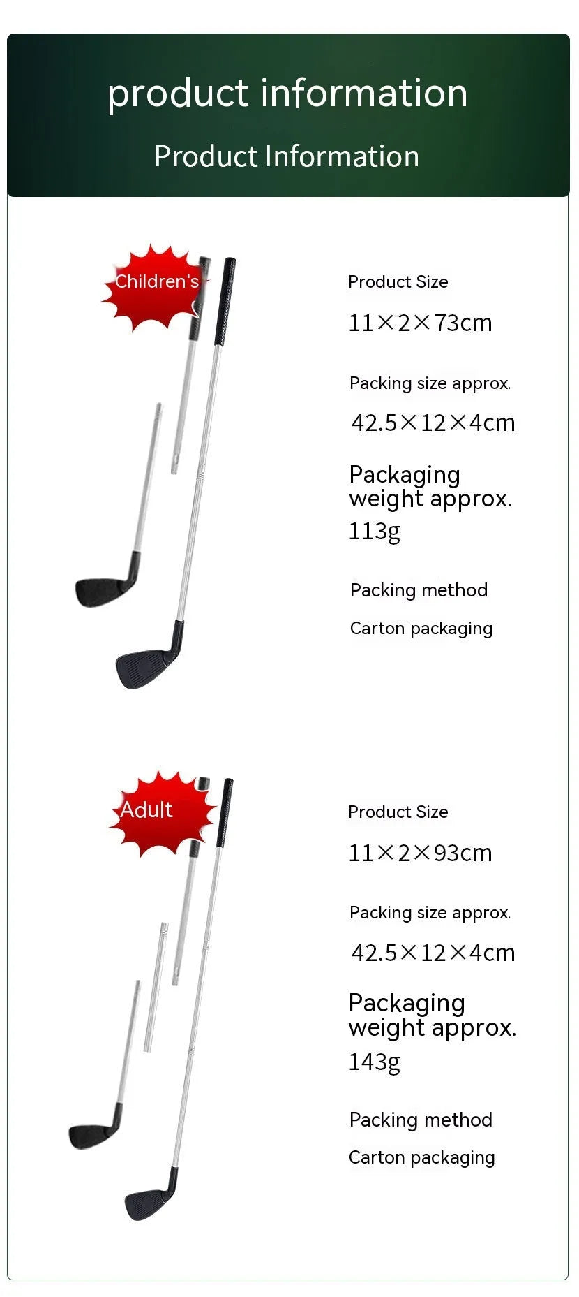 Metal golf club toy set showing adult and children's club options for outdoor sports practice