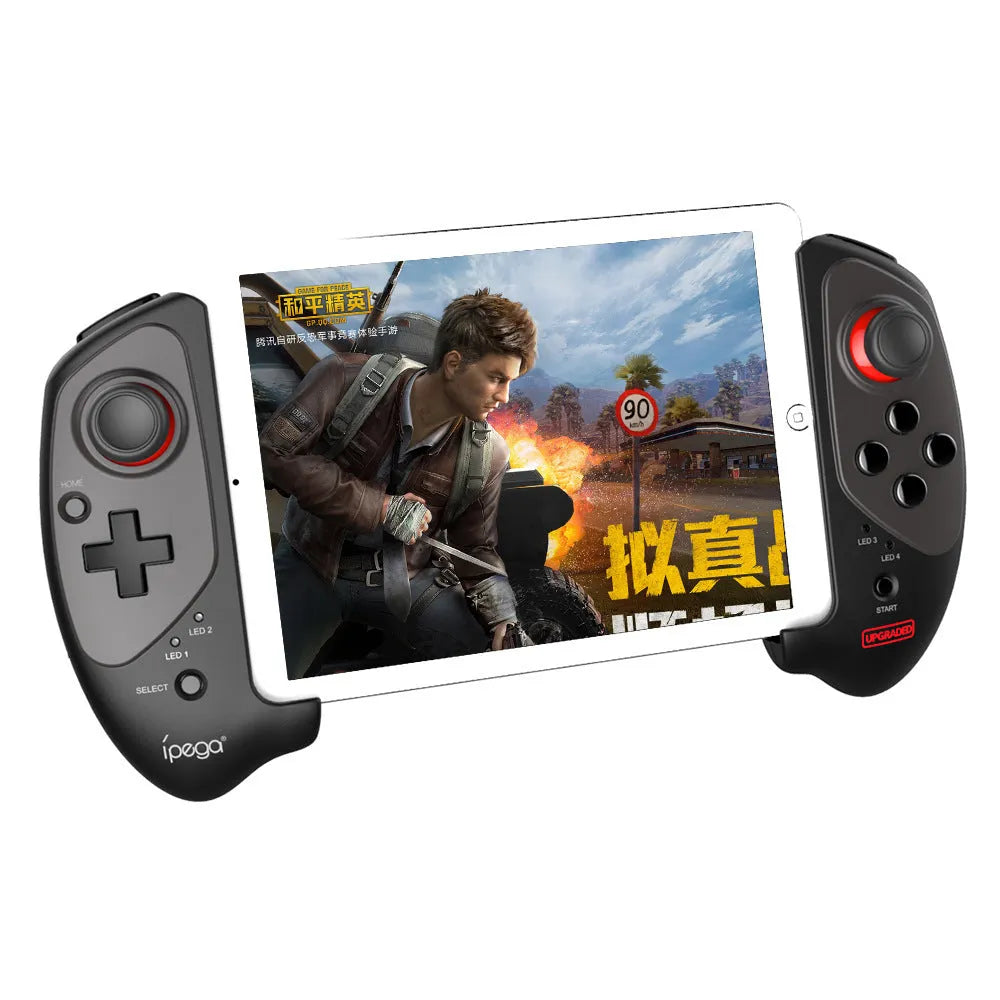 Red telescopic gamepad controller with USB cable showing expanded phone holder