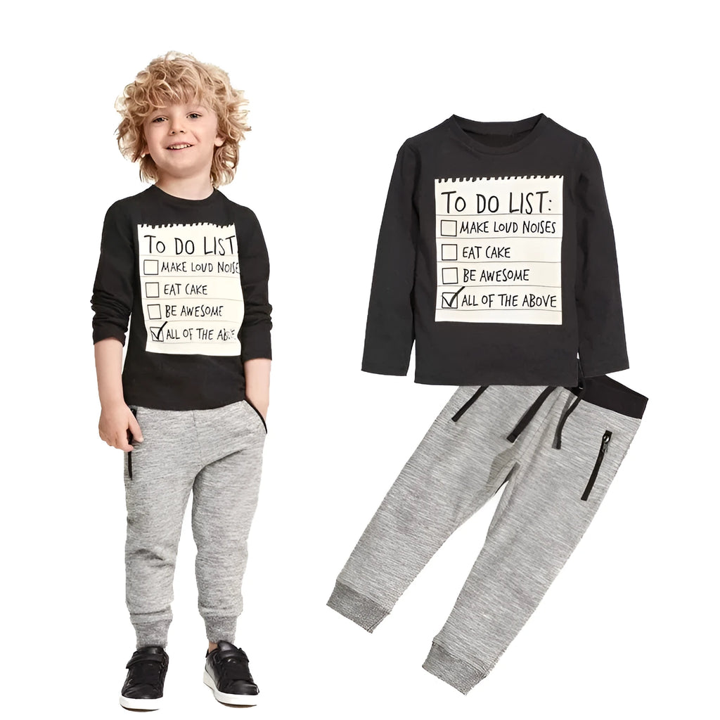 Boys' cotton two-piece clothing set with long sleeves and letter pattern