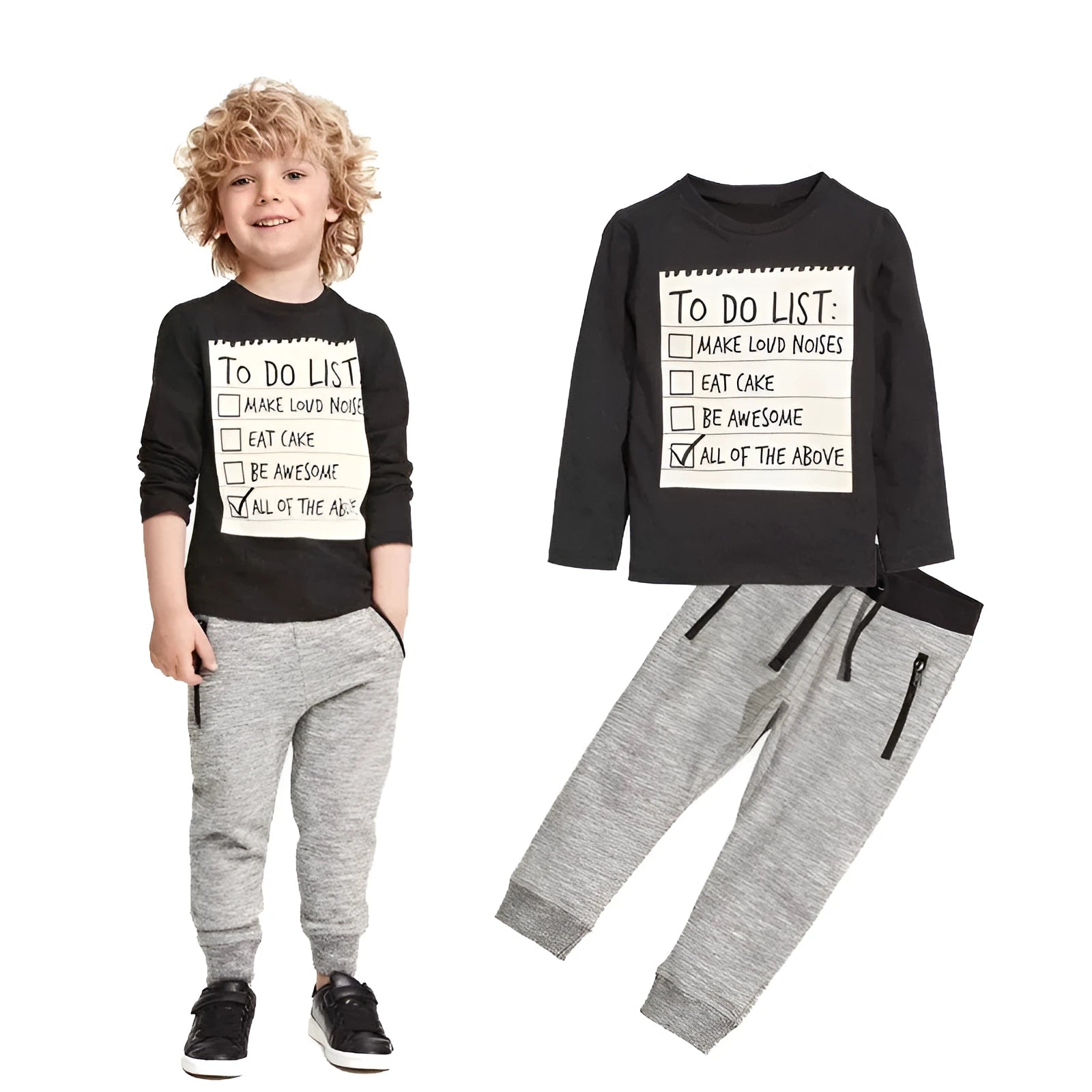 Boys' cotton two-piece clothing set with long sleeves and letter pattern