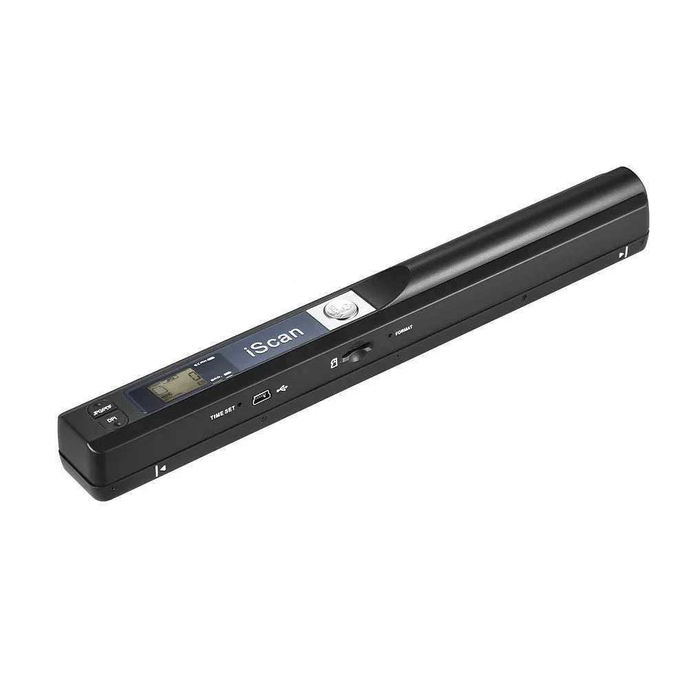 Handheld USB scanner in black, blue, green, red, and silver colour options on a desk.