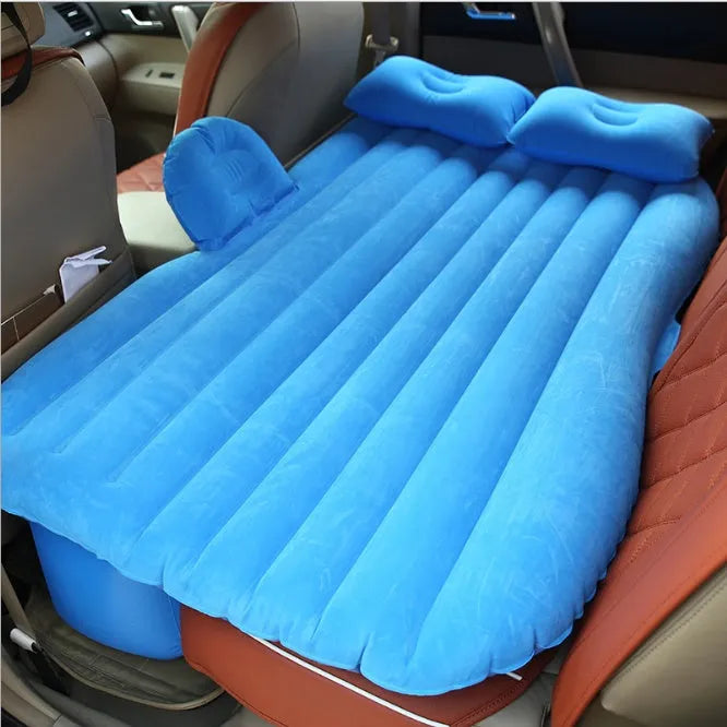 Thick flocking inflatable car air bed set with pump and pillows for five-seater vehicles.