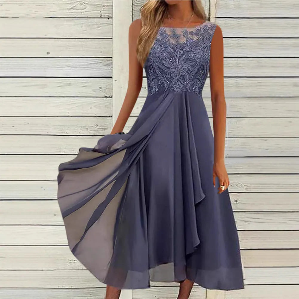 Women's sleeveless chiffon dress with hollow-out lace stitching detail in princess style