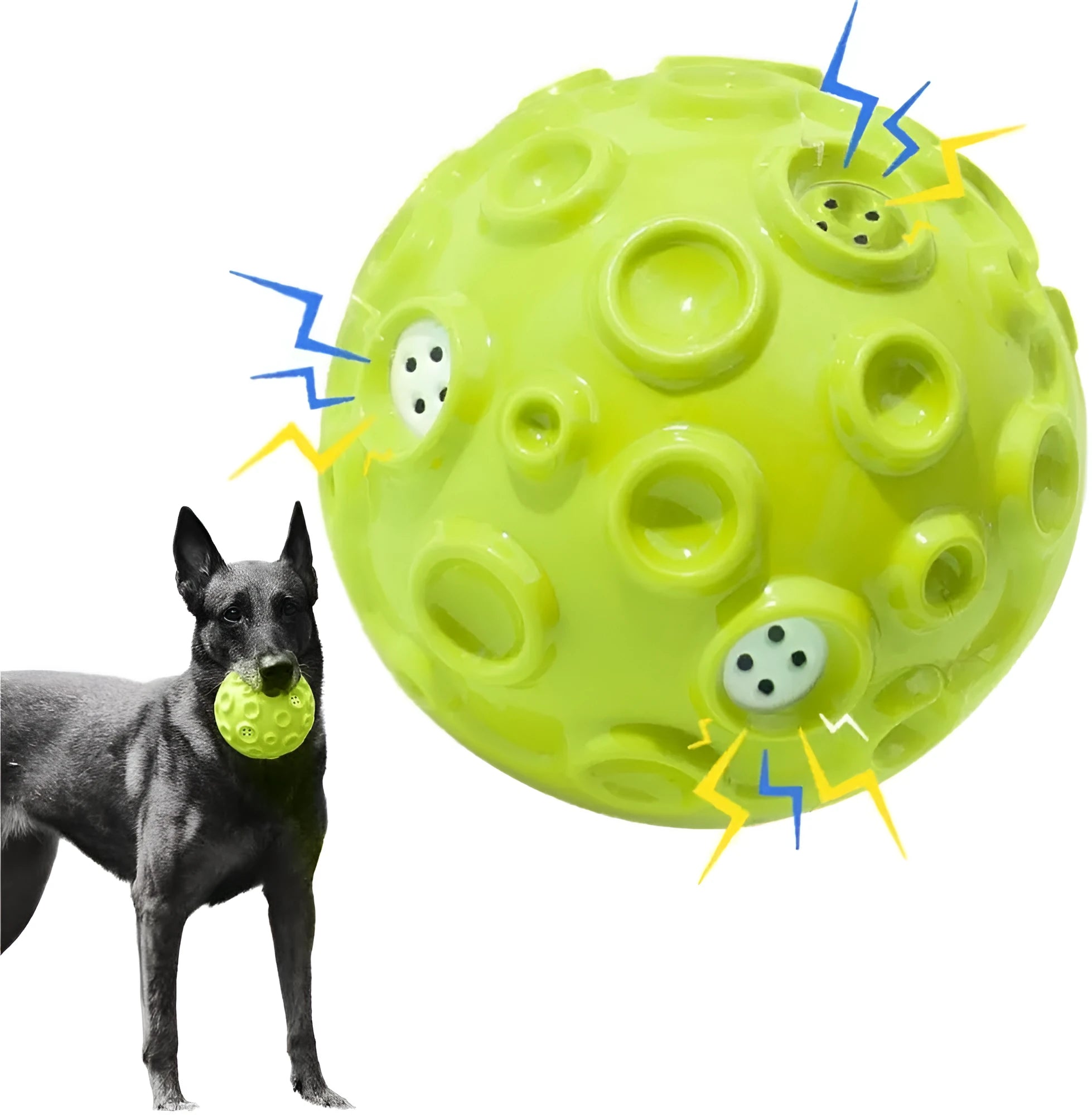 Durable natural rubber dog toy ball with meteorite-shaped bumps in multiple colour options