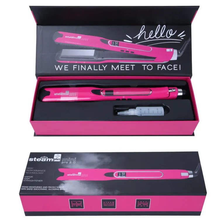 Mini steam spray hair straightener and curling iron in purple, rose red, or champagne colour with wired power cord.