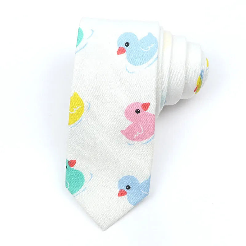 Korean style narrow men's cotton bow tie with a cartoon print pattern on an adjustable neck band.