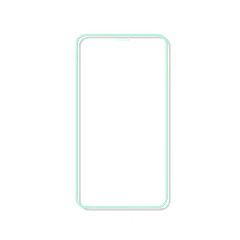 Luminous full cover tempered glass screen protector glowing on an iPhone in a dark setting.