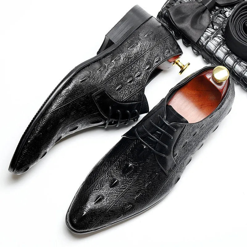 First layer cowhide plus size men leather tooling shoes pointed toe low square heel black