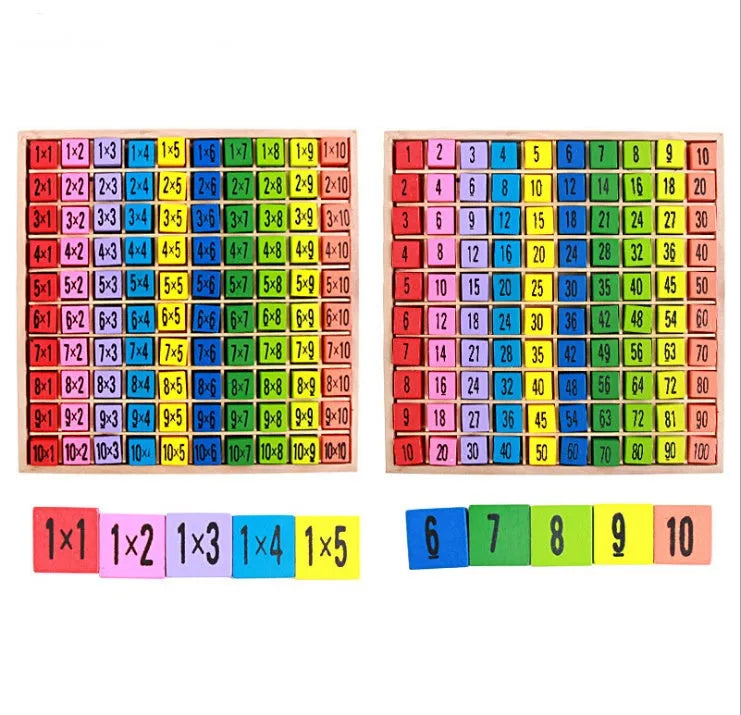 Wooden multi-coloured multiplication table with numbered cubes and base board