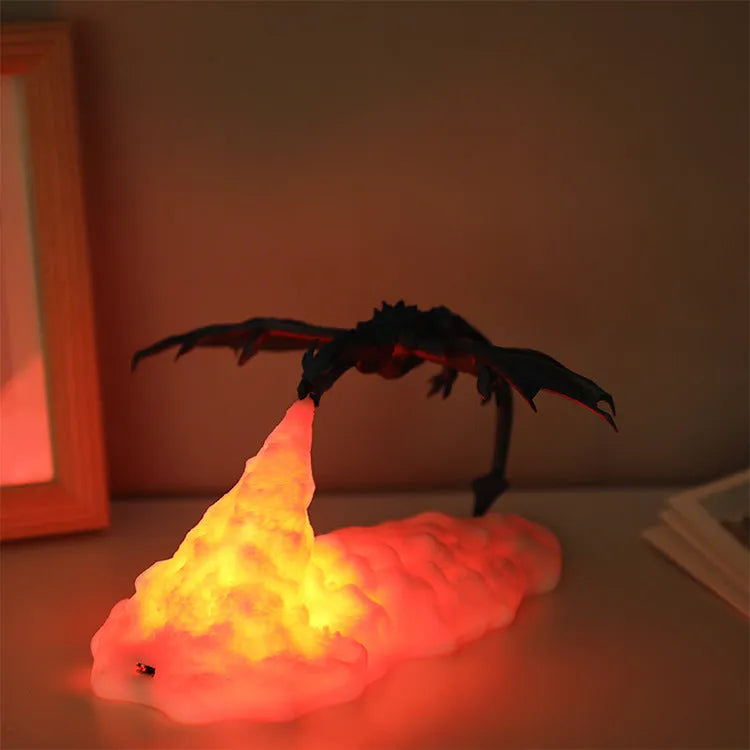 3D printed red dragon decorative night light with glowing effect on a dark surface