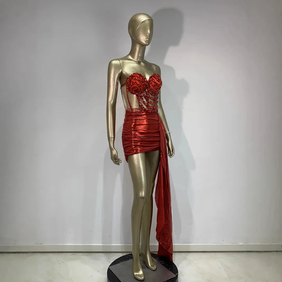 Red see-through mesh women's stage skirt suit costume for parties and performances
