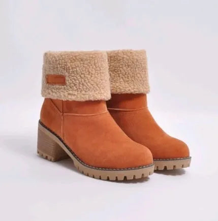 Women's suede mid-calf snow boots with a thick low heel and round toe in various colours.