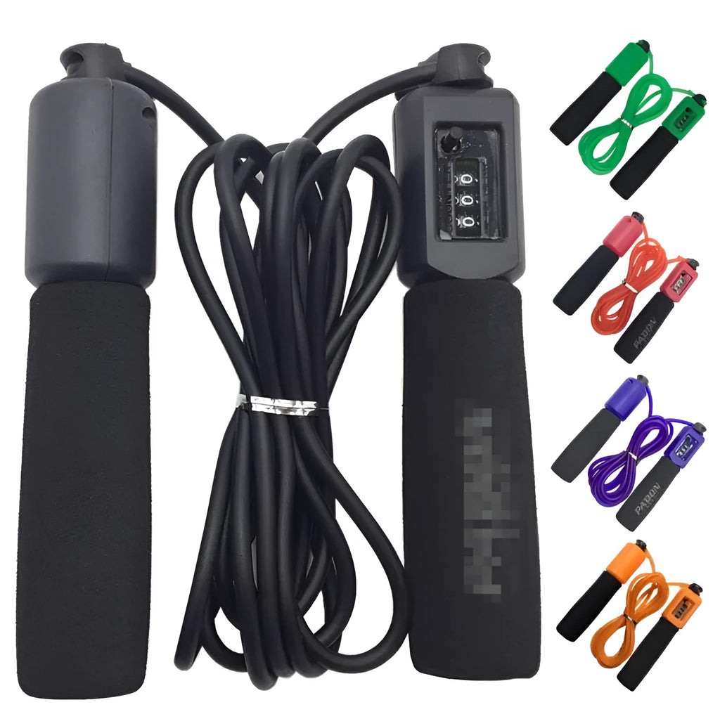 A black skipping rope with foam sponge handles on a plain background.