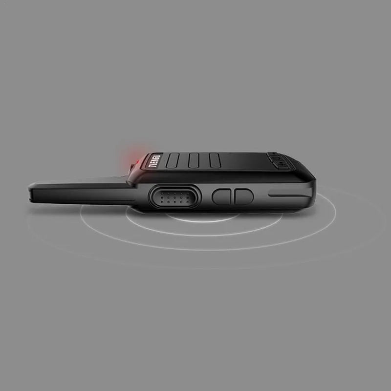 TIENGU wireless handheld radio intercom in black with LED flashlight, USB port, and back clip