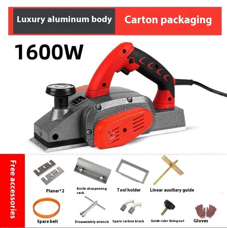 Red aluminium electric wood planer with 82mm working width for desktop woodworking