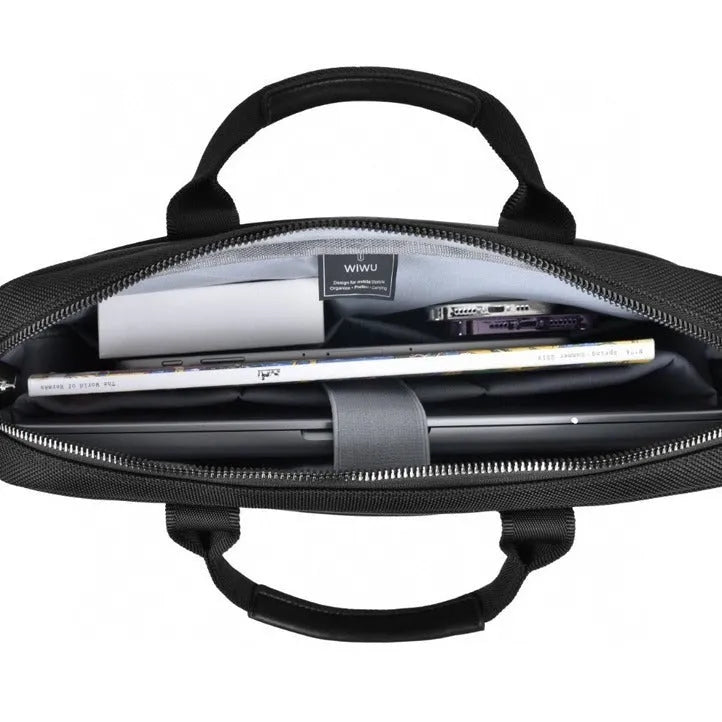 Black Oxford cloth laptop handbag with multiple internal pockets and a separate padded compartment for a 14 or 15.6 inch device.