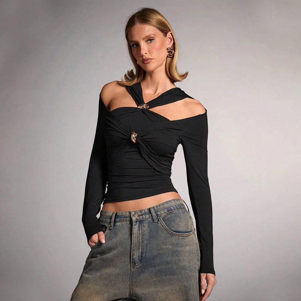 Black women's halter top with strapless shoulder-baring design and slim fit silhouette