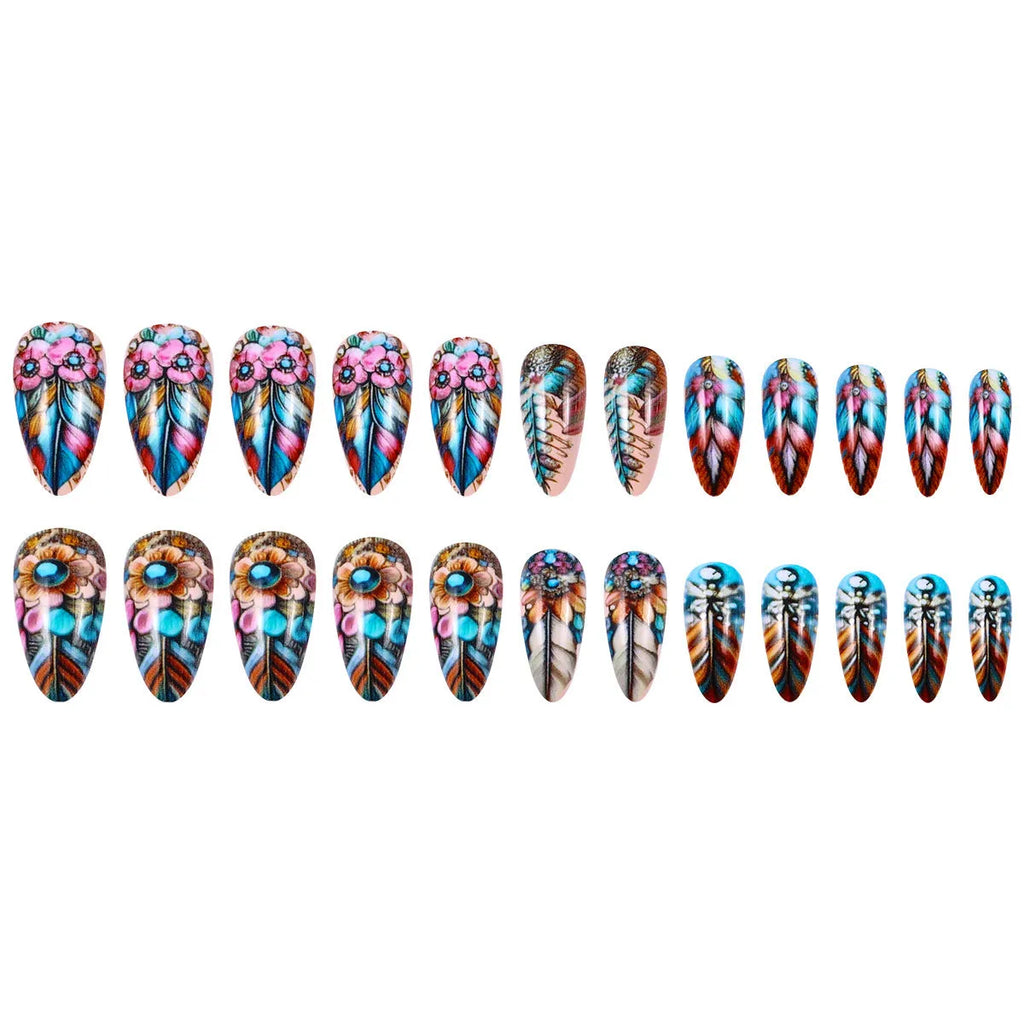 European and American retro colour feather nail armour kit with patterned designs and jelly glue burnishing sticks