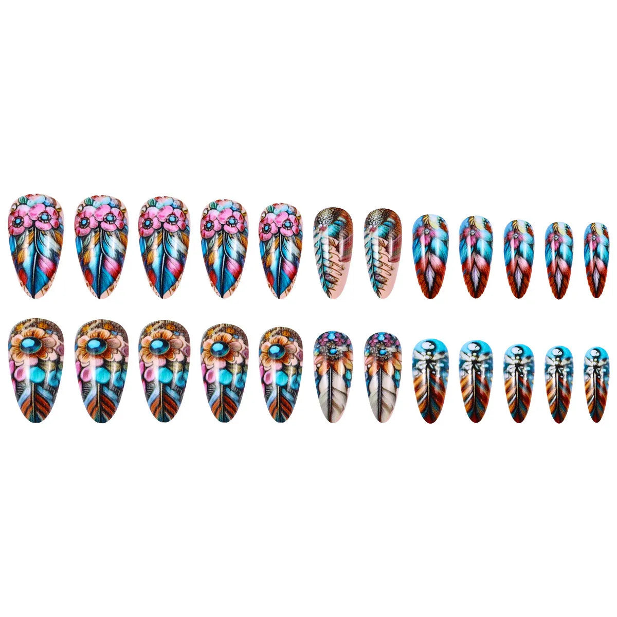 European and American retro colour feather nail armour kit with patterned designs and jelly glue burnishing sticks