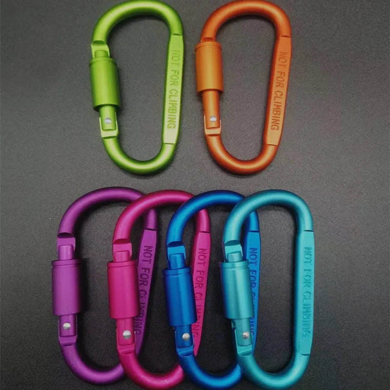 D-type aluminium carabiner with lock measuring 8cm in multiple colour options