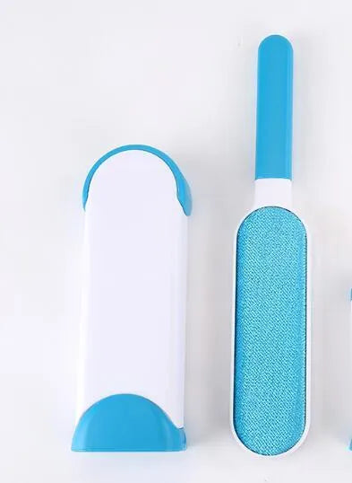 Reusable pet hair removal brush with double-sided roller and self-cleaning base