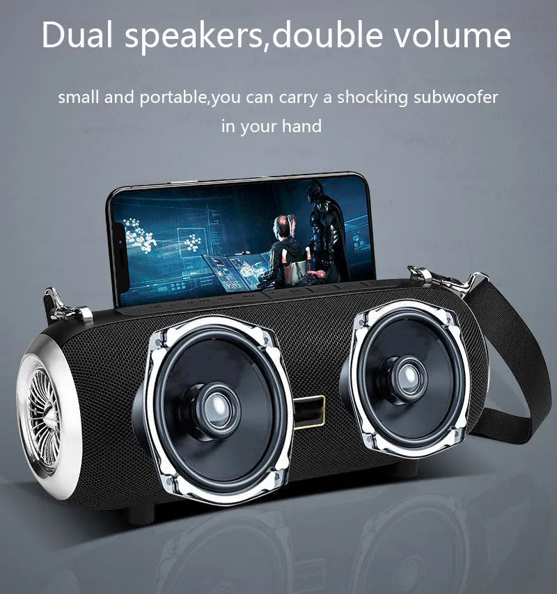 F666 portable Bluetooth speaker in mesh plastic case with shoulder strap, shown next to a mobile phone.