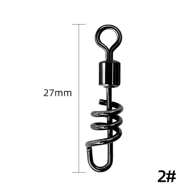 Copper and stainless steel 8-shaped fishing swivel connector on a blue background.