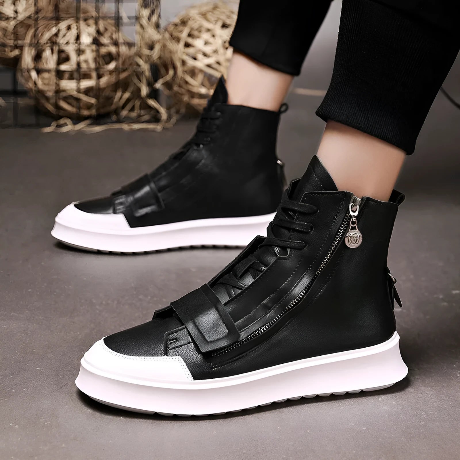 PU leather men's winter ankle boots in black and white high-top sneaker style
