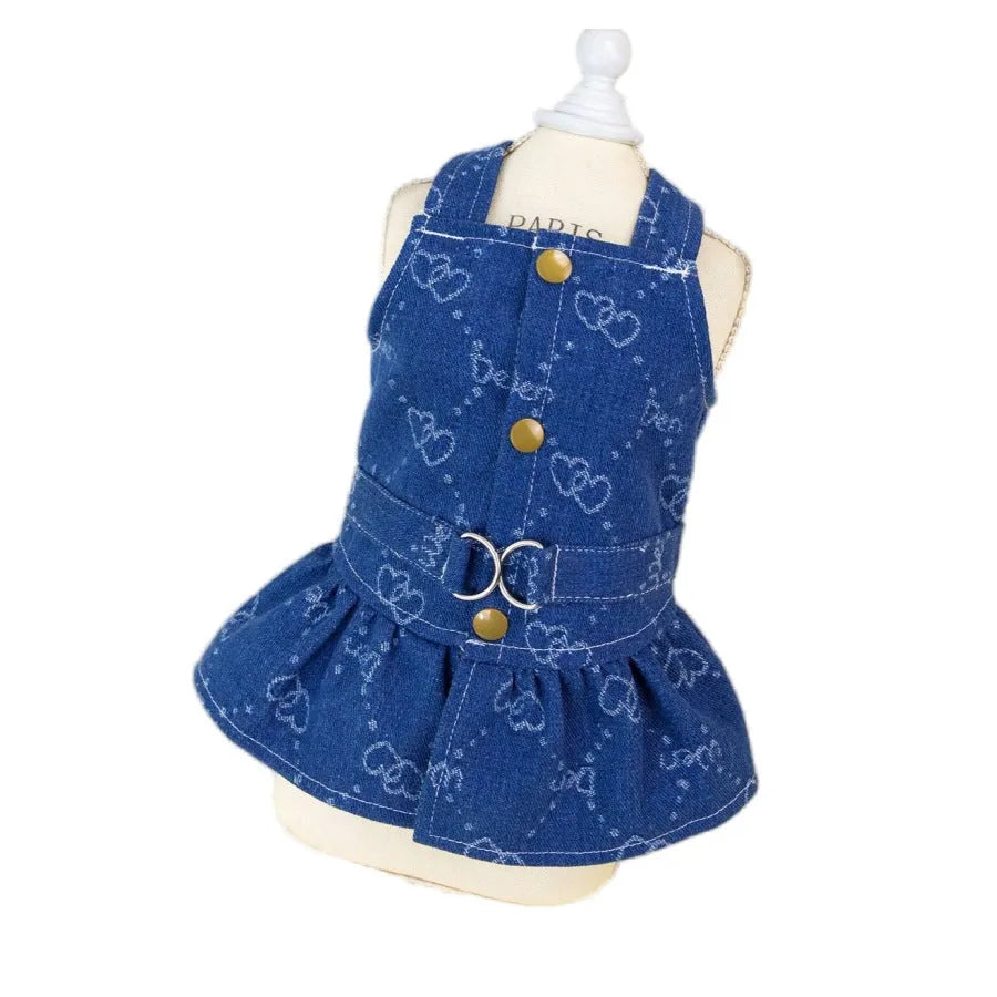 Small dog wearing denim princess dress with bracket skirt design for spring and autumn seasons