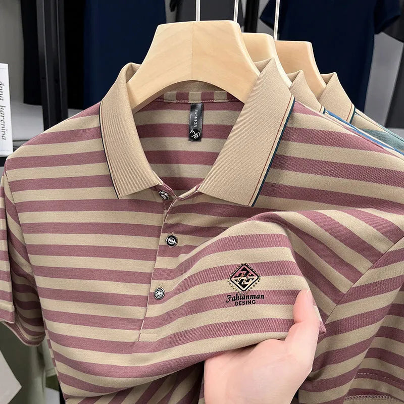 Men's striped casual short sleeve shirt in polyester available in red, blue, and green colours