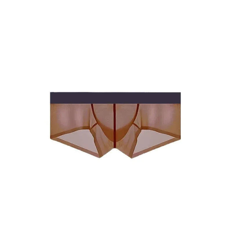 Men's low-waist seamless ice silk underwear in chocolate colour on a white background.