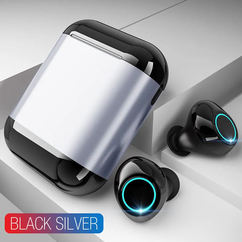 Black true wireless stereo Bluetooth earbuds with in-ear design and charging case.