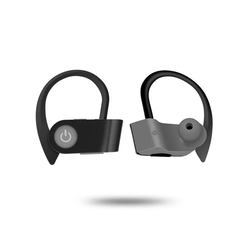 Black wireless Bluetooth earphones with ergonomic in-ear design, showing built-in buttons and microphone.