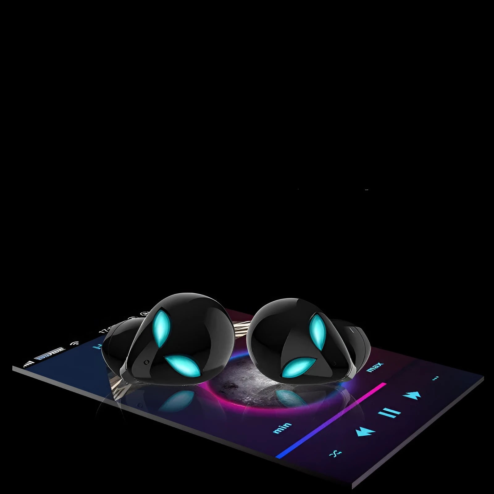 Creative Outer T8 Starman alien-design Bluetooth earbuds with red lighting next to wireless charging case.
