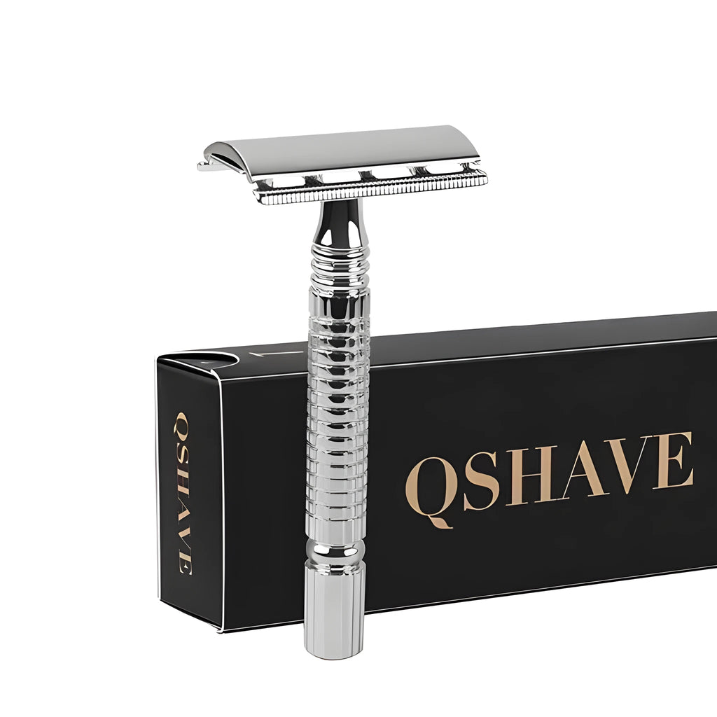 Chrome double edged safety razor with butterfly opening mechanism and storage box.