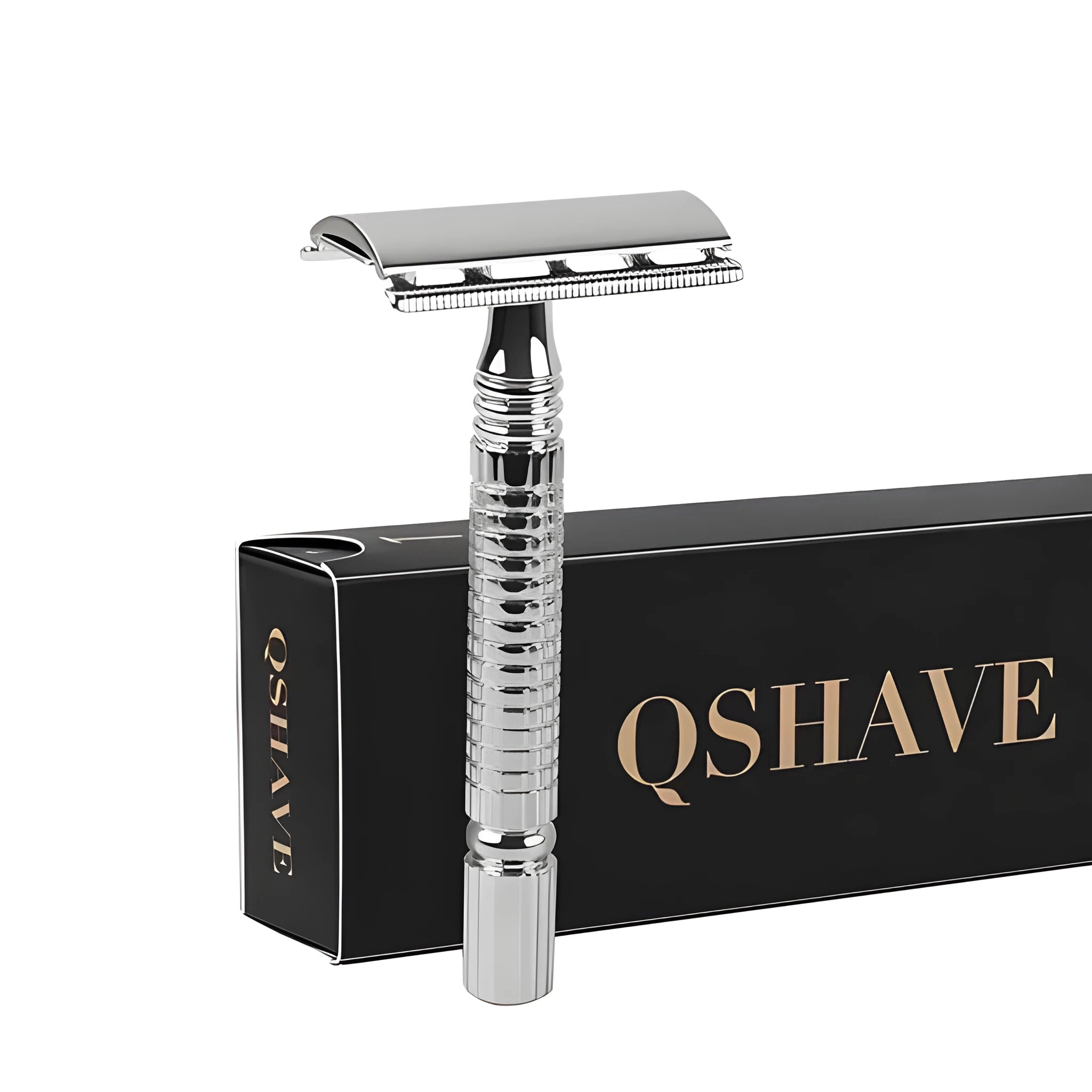 Chrome double edged safety razor with butterfly opening mechanism and storage box.