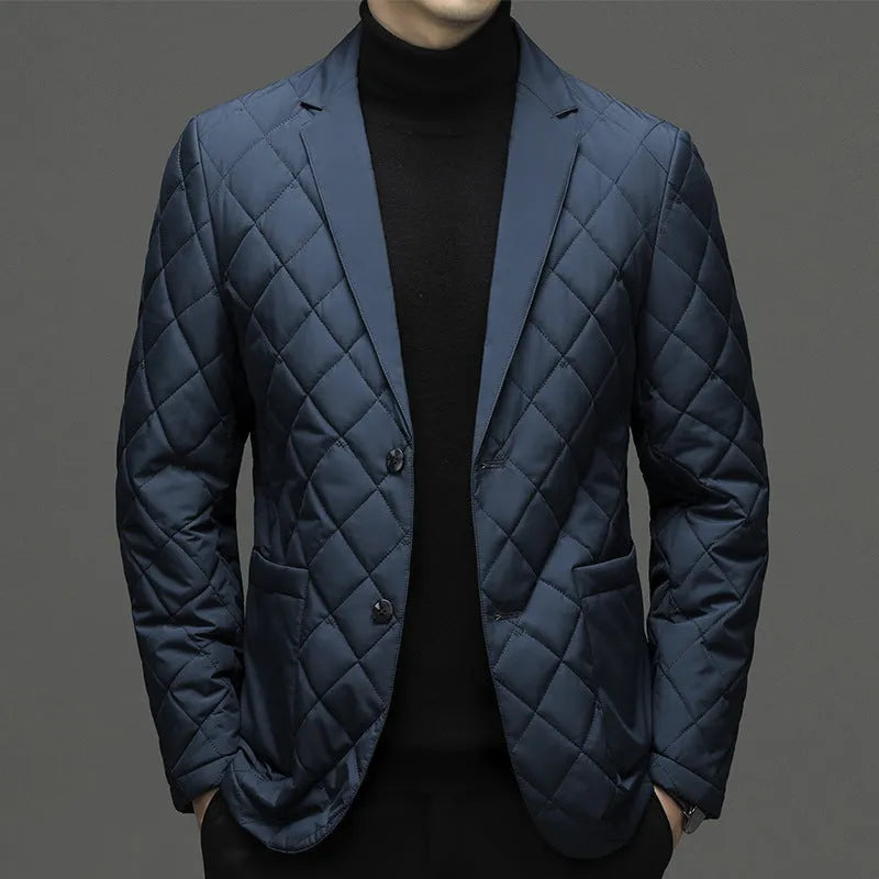 Men's thick lapel-style down jacket in a solid colour with side seam pockets.
